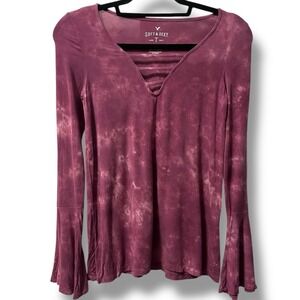 American Eagle Soft Sexy Womens XS Mauve Tie Dye Y2K Boho Bell Sleeve Hippie Top